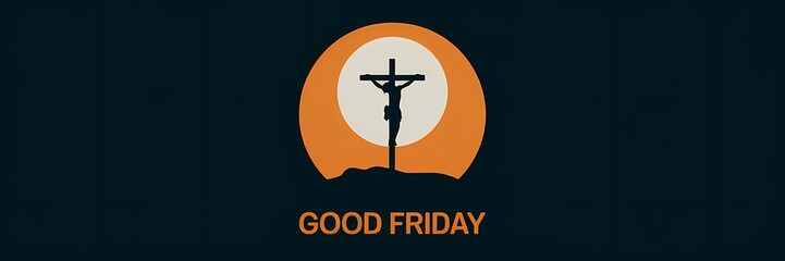 Silhouette of Jesus Christ crucified on a hill radiating golden divine light against a dramatic sky with bold GOOD FRIDAY text below symbolizing sacrifice redemption and solemn spiritual reflection
