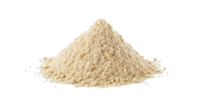 A pile of light brown powder, centered, against a dark background with soft reflections