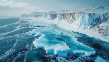 Arctic Coastline with Icebergs, and Ocean.