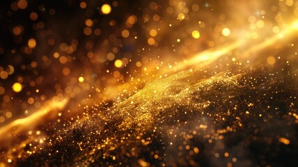 Abstract golden waves with glowing particles on a dark background. Digital artwork of digital wave with golden glowing dots connecting together. Technology innovation and communication concept. AIG53.