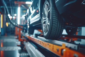 Obraz premium A mechanic is checking the alignment of a vehicle on a lift
