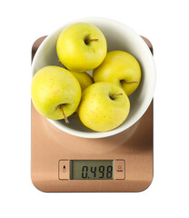 Electronic kitchen scale with bowl of apples isolated on white, top view