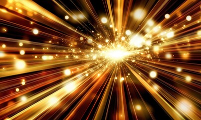 Golden light rays burst from central point, sparkling bokeh effect