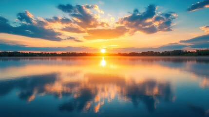 Fototapeta premium Sunset Reflection on Calm Lake Waters
