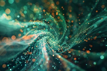 Fototapeta premium A vibrant green energy burst radiating glowing particles in a swirling abstract motion