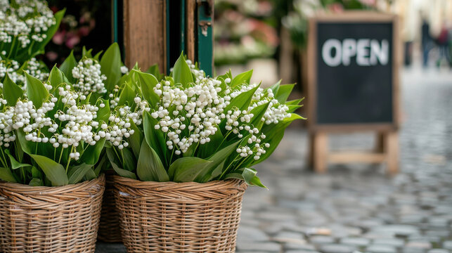 Fresh flowers in woven baskets, inviting atmosphere, shop open sign