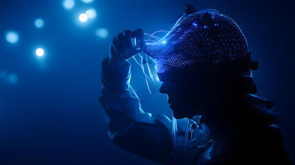 Mind Technology: A person immersed in a high-tech experience. Featuring futuristic elements. Capture the essence of innovation and technological advancement.
