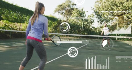 Woman swinging racket on outdoor tennis court, displaying fitness data timers, charts, line graphs - Powered by Adobe