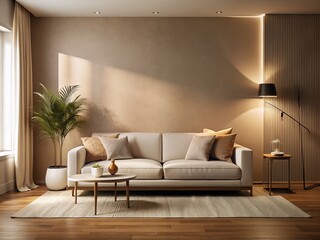 Cozy Minimalist Living Room: Cream Walls, White Sofa, Low Light Photography