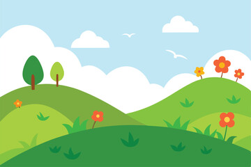 Fototapeta premium lush-summer-hillside-with-birds--flowers--and-clea.eps