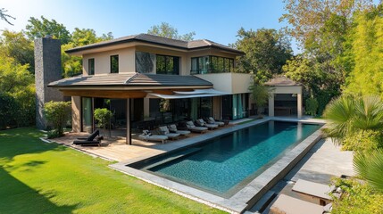 Fototapeta premium Luxury Villa with Infinity Pool and Lush Greenery