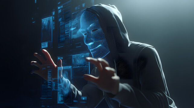 Digital Intruder: A hooded figure wearing a digital mask interacts with a virtual interface, symbolizing cybercrime and data breach in a modern, high-tech setting. - Powered by Adobe