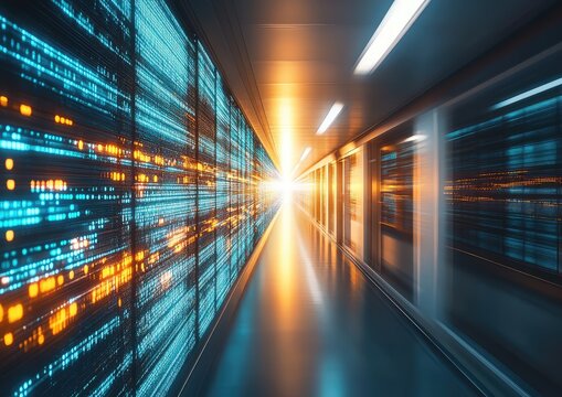 Data streams illuminate a futuristic server hallway, creating a vibrant, dynamic digital landscape