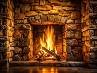 Cozy Stone Fireplace with Warm Fire Glowing Embers - Rustic Interior Design Stock Photo