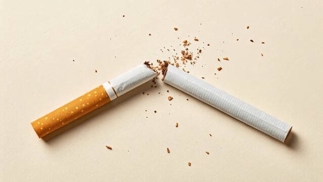 Broken cigarette on beige background with scattered tobacco pieces. Concept of quitting smoking and nicotine addiction recovery