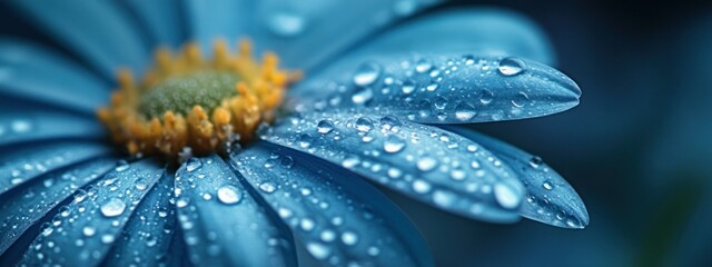 A close-up of a blue daisy petal adorned with water droplets, showcasing nature's beauty.