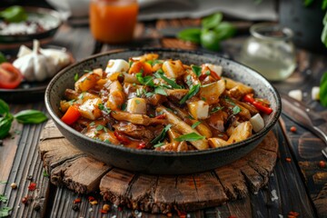 Classic Canadian poutine dish with crispy fries cheese curds and rich gravy studio shot on rustic wood