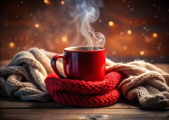 Cozy Winter Warmth: Red Mug with Scarf, Hot Drink, Steam, Comfort
