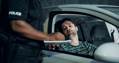 Man, police and writing fine for car, registration and speeding with traffic warning. Person, law...