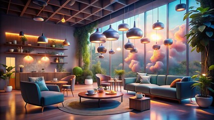 Fototapeta premium Cozy Workspace Collaboration Lounge: Coffee Station & Open Plan Design