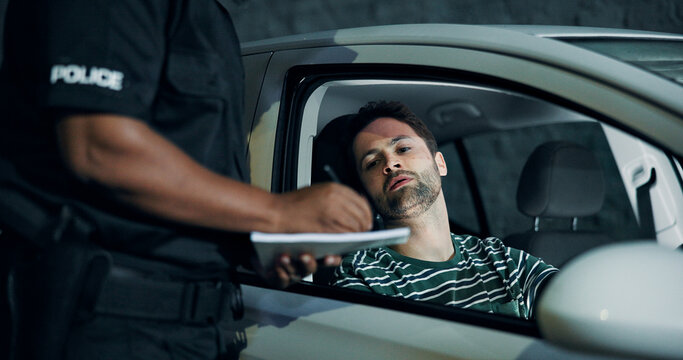 Man, police and writing fine for car, registration and speeding with traffic warning. Person, law enforcement and licence for drunk driving, penalty ticket and transport risk with violation at night