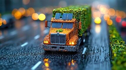 Eco-Friendly Truck Loaded with Greenery Driving on a Rainy Road