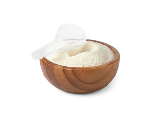 Collagen powder in bowl and scoop isolated on white
