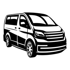 Sleek Black and White Van Illustration with Dynamic Shadowing and Sharp Lines