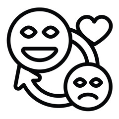 Smileys with circular arrow and heart line icon, charity concept. Vector graphics. Sad and good mood, emoticon sign on white background, style for mobile or design.