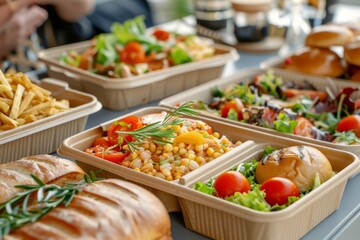 eco friendly cardboard trays with freshly made food for an event