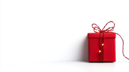 Red Gift Box with String Lights on White Background