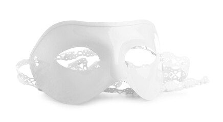 Plastic theatre mask with lace ribbon isolated on white