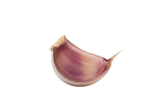 A solitary garlic clove its pink hue set against the vast dark