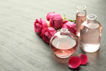 Open perfume bottles with aromatic essential oils and roses on grey textured table, closeup. Space for text