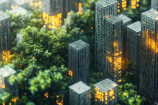 Digital city blending with nature binary code skyscrapers