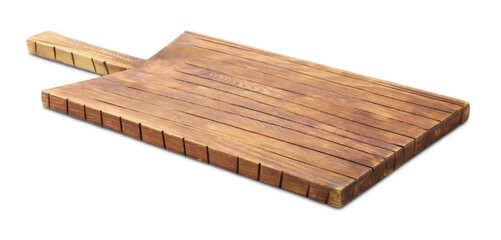 One wooden serving board isolated on white. Space for text