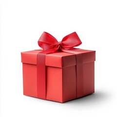 Obraz premium Red Square Gift Box with a Shiny Red Ribbon Bow on White Background