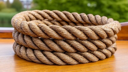 Fototapeta premium A thick, coiled rope of natural fibers sits on a wooden surface