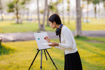 Surrounded by the warm glow of sunset, a young female student listens to music and joyfully...
