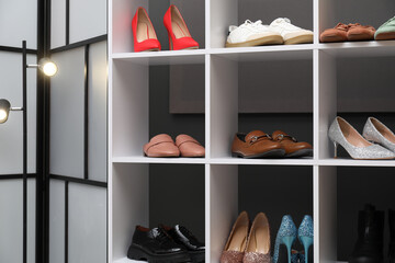 Shoe storage. Shelving unit with different footwear indoors