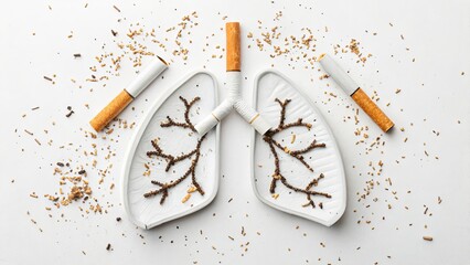 White anatomical lungs model with cigarettes and scattered tobacco on clean background. Symbol of respiratory damage and smoking addiction