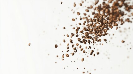 Roasted espresso beans flying upward, clean white background, generative ai
