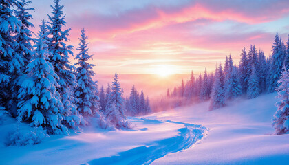 Fototapeta premium Snow-covered landscape at sunrise with vibrant colors and tall pine trees in a winter wonderland setting