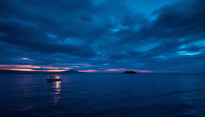 Fototapeta premium Evening boat reflects light on calm water as twilight blankets quiet island landscape