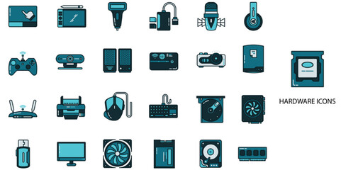 Hardware simple concept 24 color icons set. Contains such desktop pc, computer mouse, photographic print .Vector illustration.