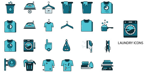 Laundry simple concept 24 color icons set. Contains such laundry detergent, washing machine, cleaning product, washing .Vector illustration.	