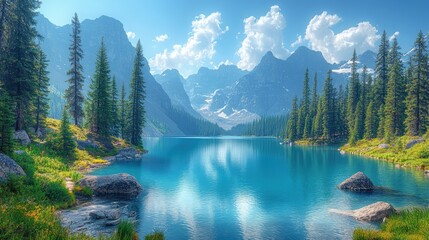 Fototapeta premium Lake surrounded by trees and mountains under a bright sky.