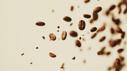 Obraz premium Scattered and falling espresso beans, natural brown tones over minimal white setting generative ai