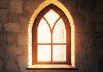 Illuminated gothic window design historic building architectural element cozy interior eye-level view aesthetic beauty and serenity