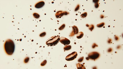 Scattered and falling espresso beans, natural brown tones over minimal white setting generative ai